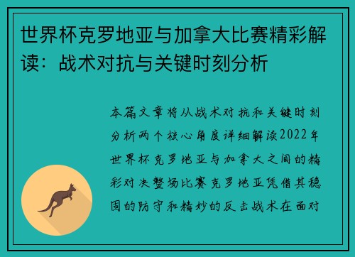 世界杯克罗地亚与加拿大比赛精彩解读：战术对抗与关键时刻分析